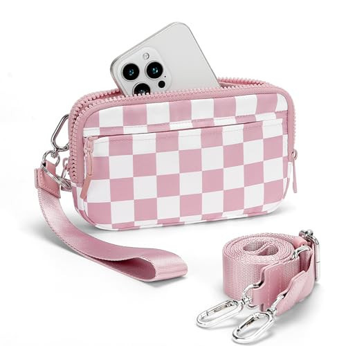 hibear Dual Wristlet Wallets for Women,Checkered Crossbody Purse with 4 Zippers Large Nylon Wristlet Purse with ID Window (Pink) | Amazon (US)