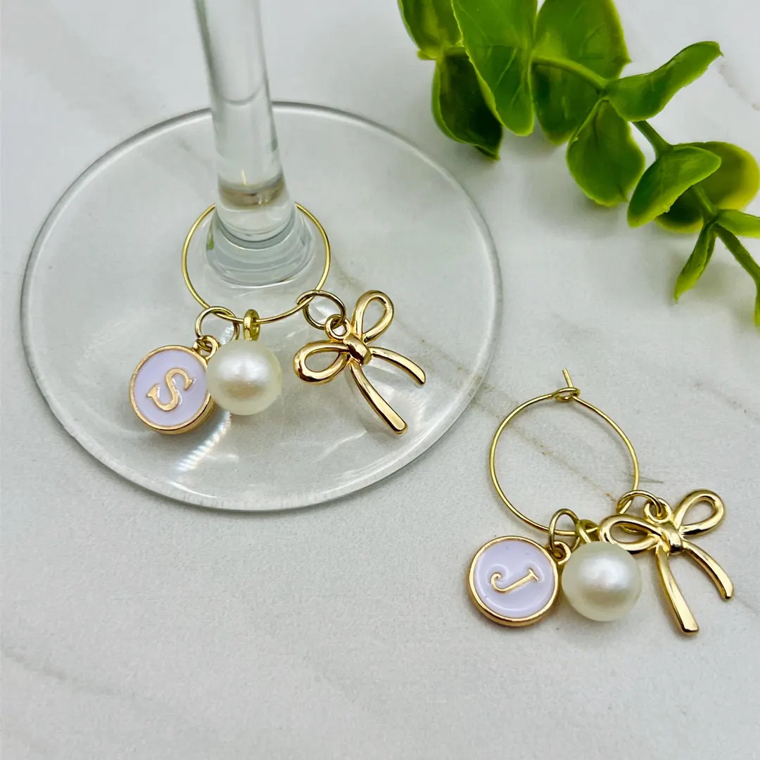 Personalized Initial Wine Glass Charms | Pearl Glass Name Tags | Bow Wine Glass Charms | Bridal S... | Etsy (US)
