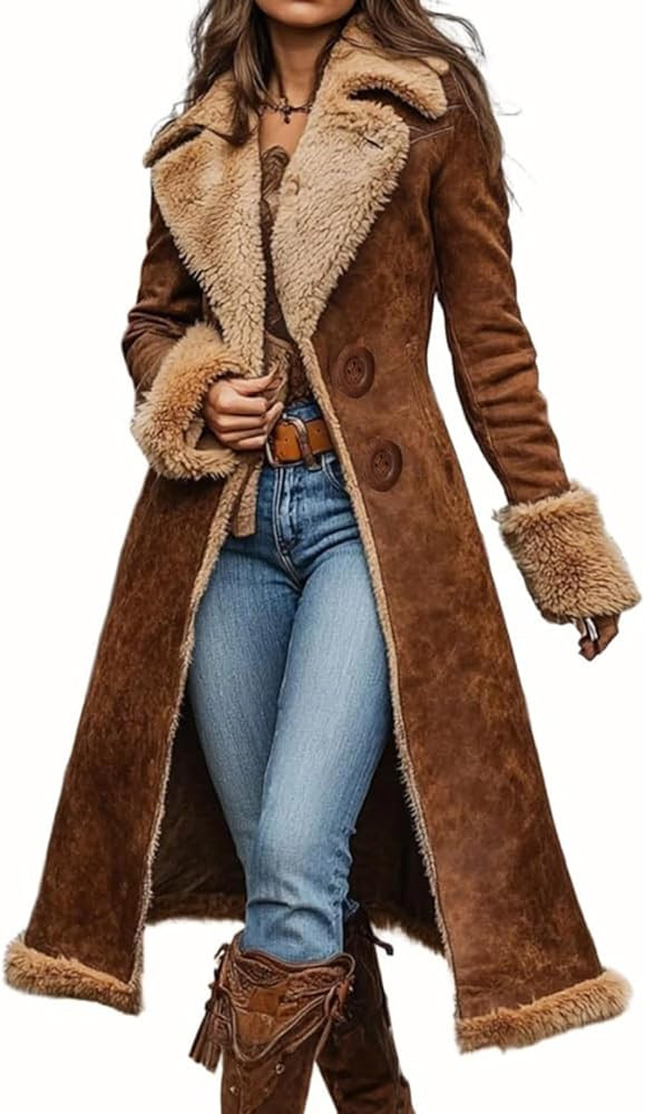Long Winter Coats for Women Faux Suede Leather Shearing Jacket Fuzzy Sherpa Lined Coat Business C... | Amazon (US)