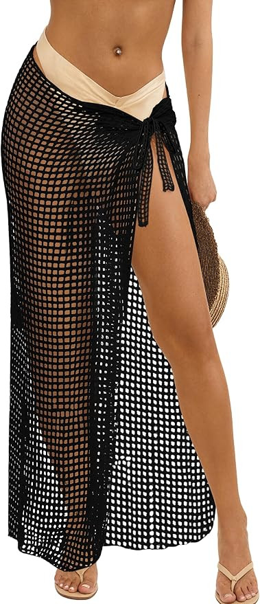 Fisoew Womens Crochet Swimsuit Coverups Hollow Out Bikini Wraps Swimwear Bathing Suit Cover Up Be... | Amazon (US)