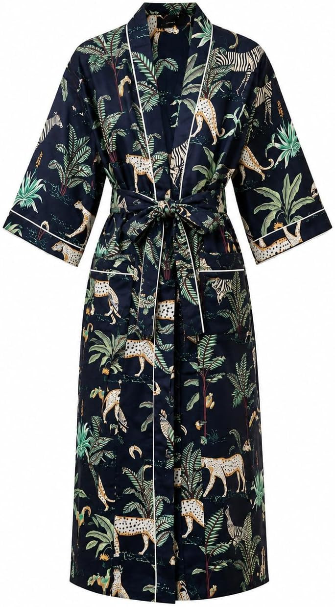 COTSILER Cotton Block Print Kimono Robe for Women Long Bathrobe with Belt & Pockets For Summer Lightweight Nightwear,Cover-Up | Amazon (US)