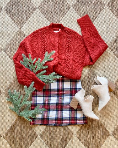 Christmas outfit. Christmas party outfit. Plaid skirt. Red sweater. Boots. Abercrombie outfit. 

#LTKSeasonal #LTKxAF #LTKHoliday