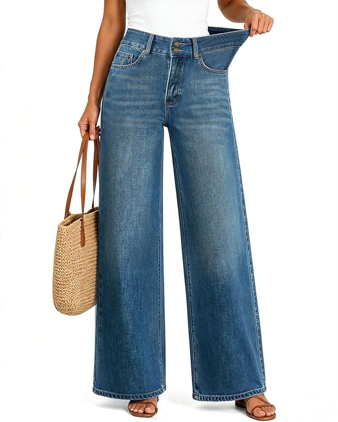 Women’s High Waisted Baggy Jeans – Stretchy Wide Leg Tummy Control Straight Leg Denim Pants T... | Amazon (US)