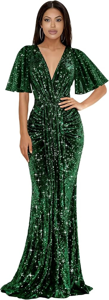 Sparkly Velvet Prom Dresses for Women 2026 Short Sleeve Mermaid Winter Evening Party Dress BL19 | Amazon (US)