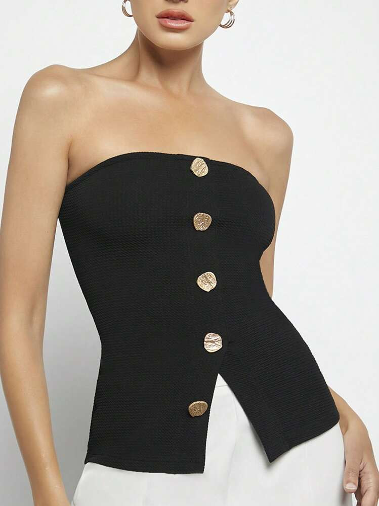 SHEIN BIZwear Women Metal Color Block Button Decorated Front Slit Hem Camisole Top, Black | SHEIN