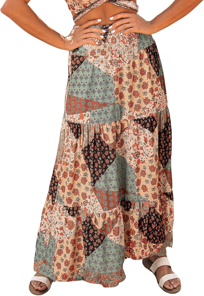 Happy Sailed Womens Floral Print Boho Maxi Skirt Elastic High Waist Pleated Ruffle Flowy Long Ski... | Amazon (US)