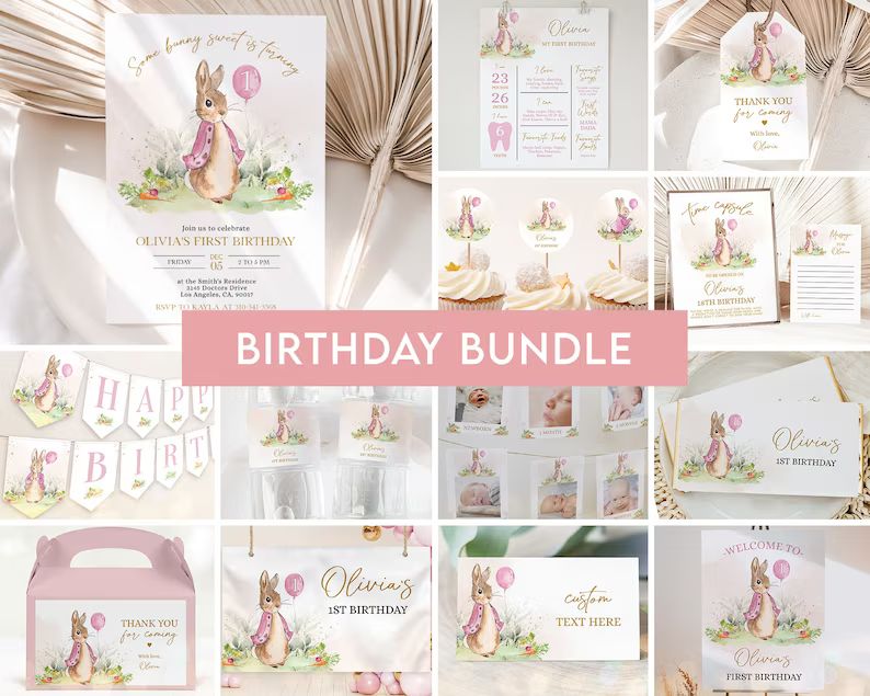 Peter Rabbit First Birthday Party Bundle, EDITABLE Flopsy Bunny Party Invitation, Pink Girl Bunny... | Etsy (US)