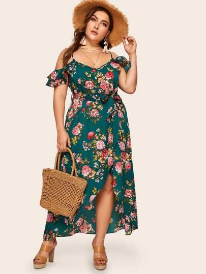 Plus Tulip Hem Ruffle Trim Floral Print Dress | SHEIN