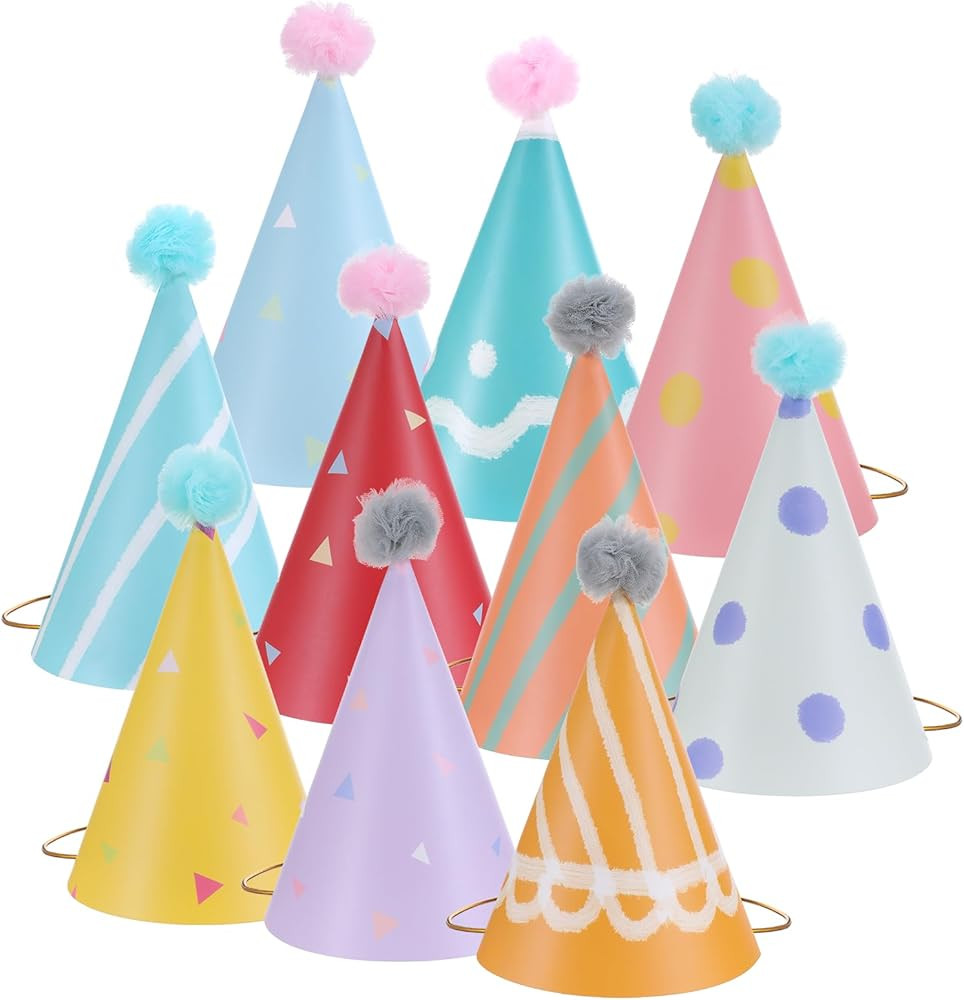 10 PCS Birthday Party Hats for Kids Adults, Colorful Cone Hat Decorations with Pom Poms for Toddl... | Amazon (US)