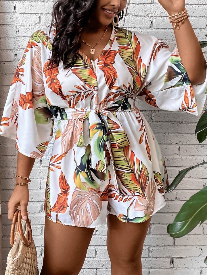 SHEIN VCAY Plus Tropical Print Batwing Sleeve Belted Romper | SHEIN