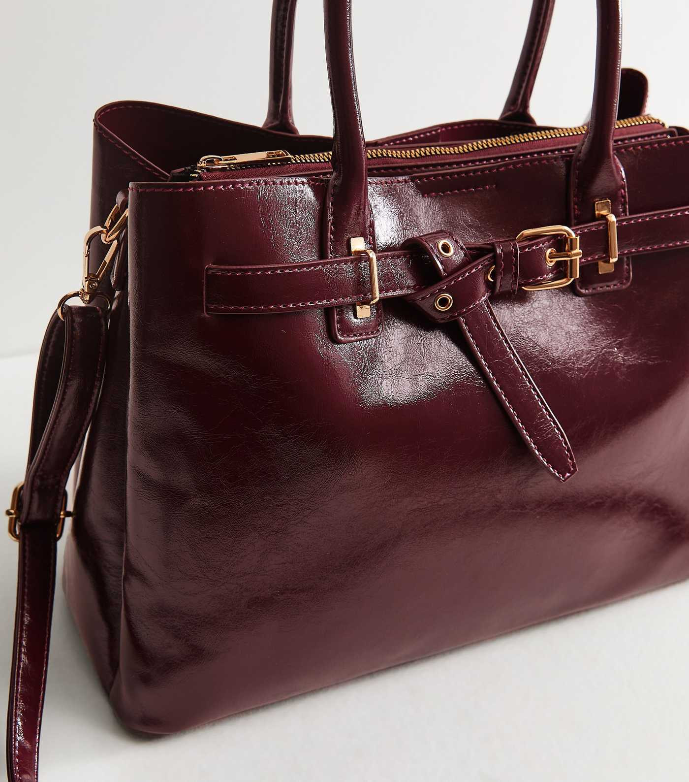 Dark Burgundy Faux Leather Belted Tote Bag | New Look | New Look (UK)