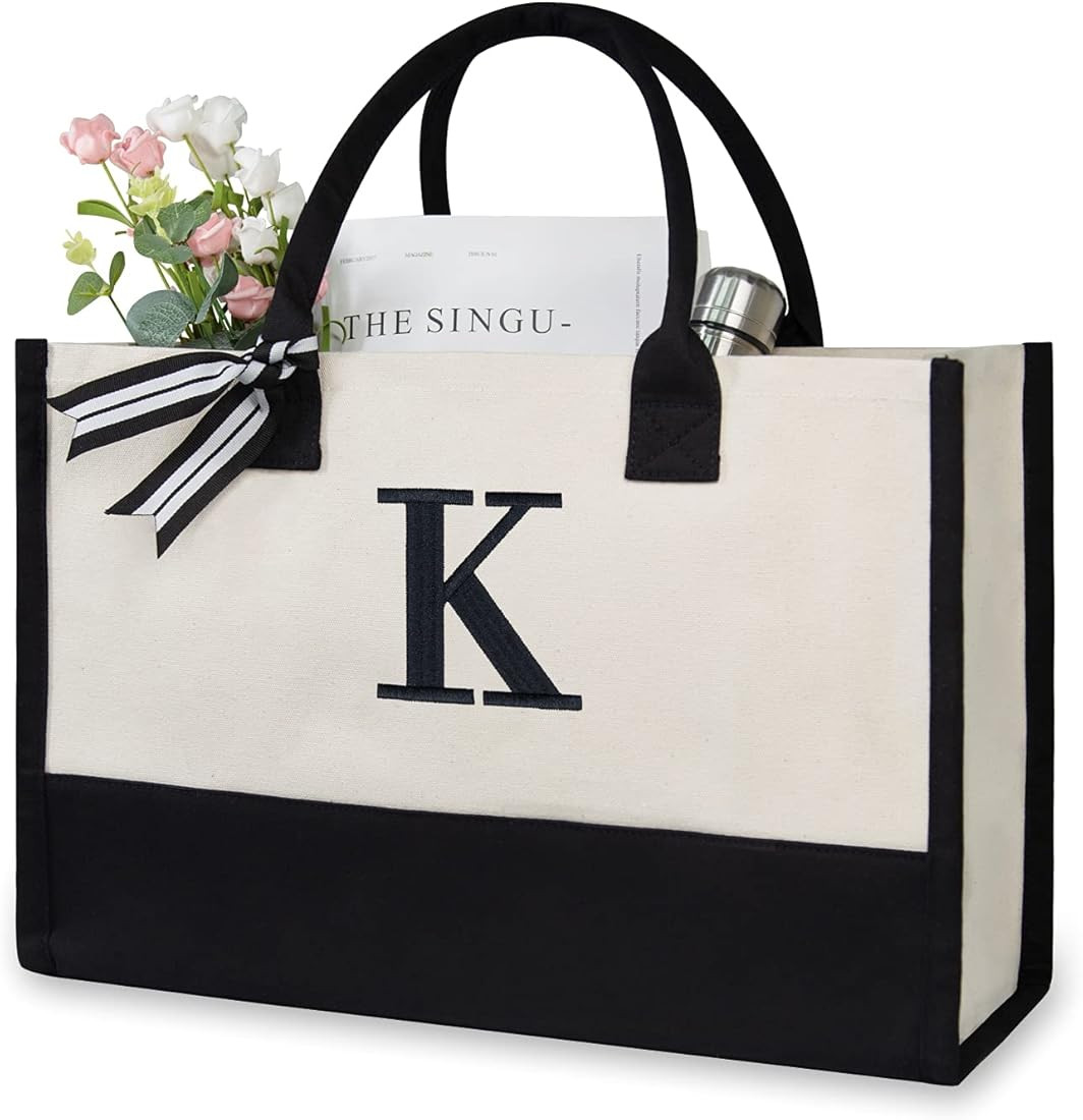 Personalized Initial Canvas Beach Bag, Monogrammed Gift Tote Bag for Women | Amazon (US)