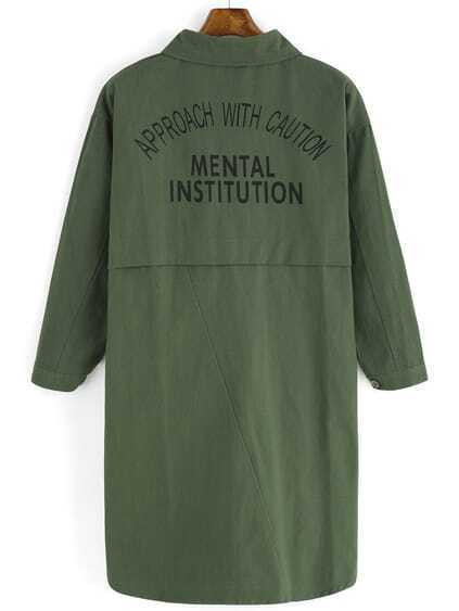 Lapel Letter Print Pockets Buttons Long Army Green Coat | Romwe