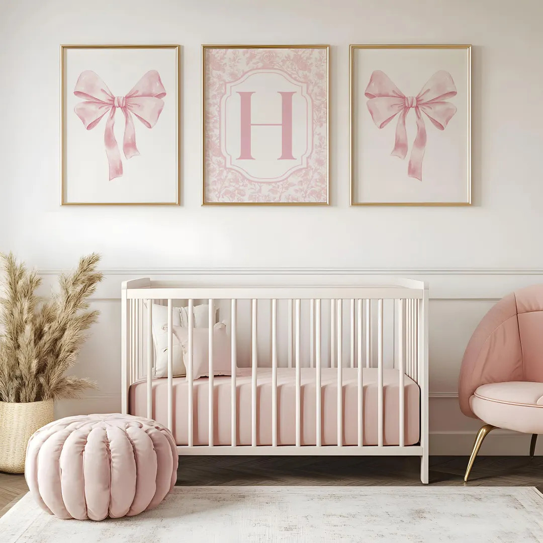 Pink Bow Nursery Decor Prints, Custom Pink Bow Wall Art, Pink Girly Wall Art, Pink Toile Nursery ... | Etsy (US)