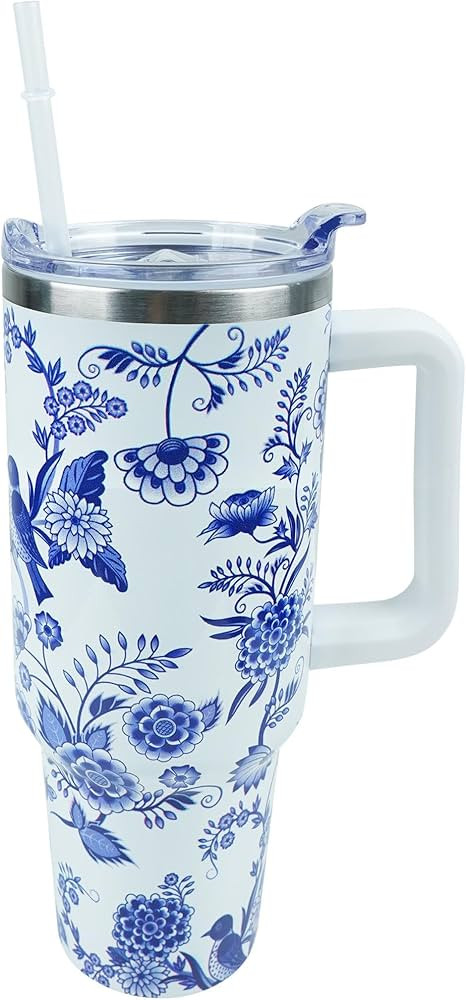 40 oz Blue and White Porcelain Tumbler with Handle and Straw Lid Leak Proof,Coffee Travel Mug wit... | Amazon (US)