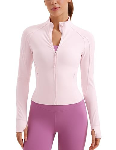 CRZ YOGA Butterluxe Waist Length Jackets for Women - Full Zip Athletic Track Tops with Thumb Holes Pockets Strawberry Pink Medium | Amazon (US)