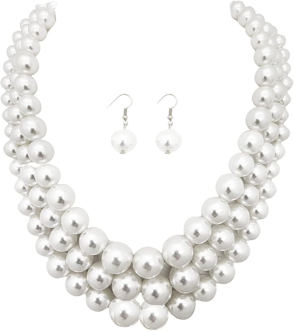 Women's Simulated Faux Three Multi-Strand Pearl Statement Necklace and Earrings Set | Amazon (US)