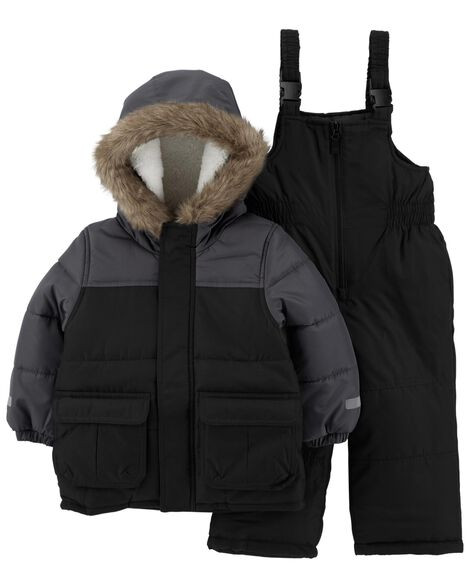 Carter's Toddler Boys 2-Piece Faux Fur Hooded Snowsuit Set 3T Grey/Black | Carter's