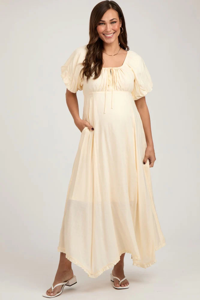 White Front Tie Puff Sleeve Maternity Maxi Dress | PinkBlush Maternity