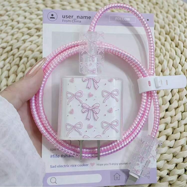 5pcs Pink TPU Heart/Bow Tie/Flower/Purple Heart Cat Charging Cable Protector Sleeves, Compatible ... | SHEIN