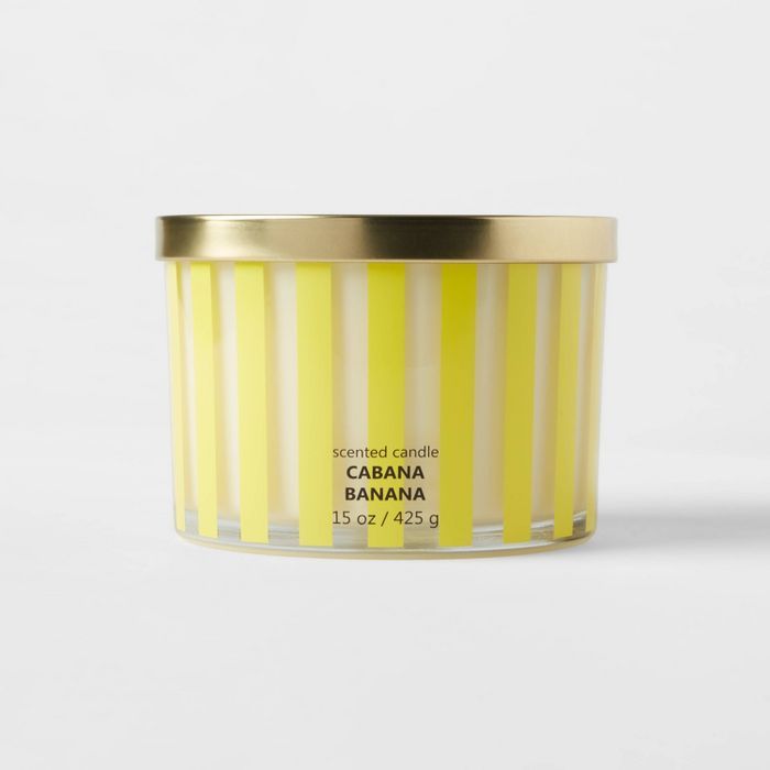 15oz Lidded Glass Jar Yellow Striped Cabana Banana Candle - Opalhouse&#8482; | Target