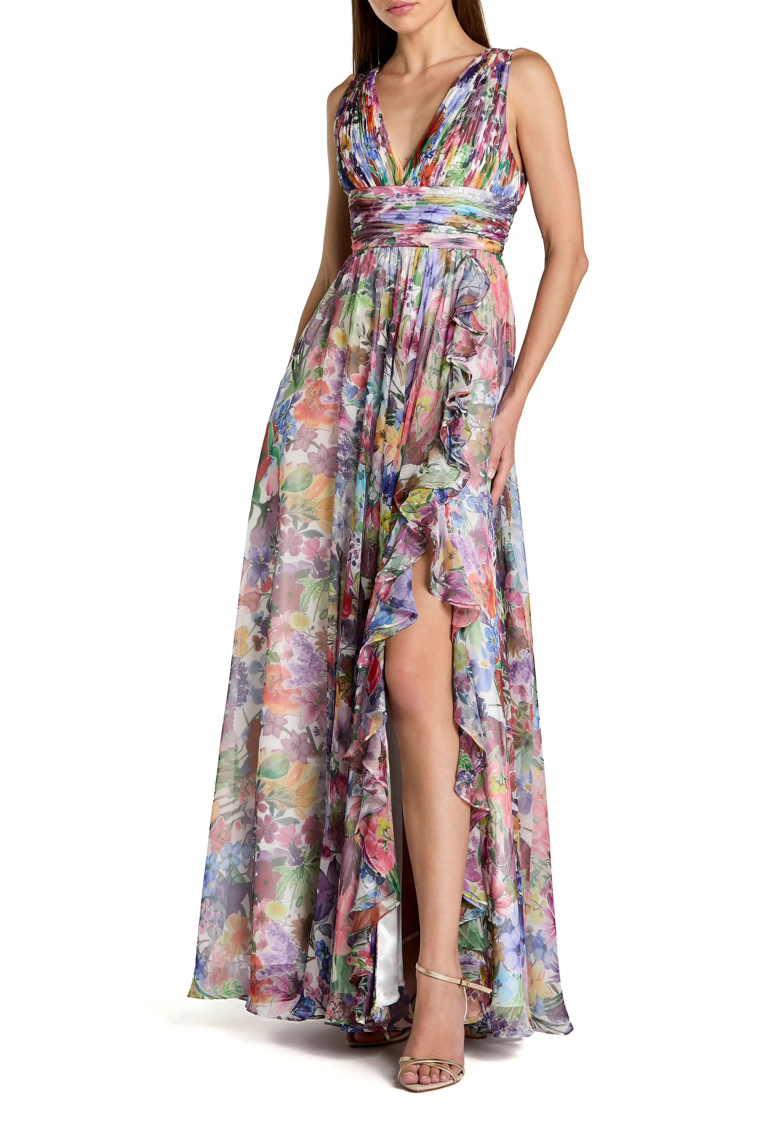 Sleeveless Printed Chiffon V-Neck Ruched Waist Gown (Women) | Nordstrom | Nordstrom