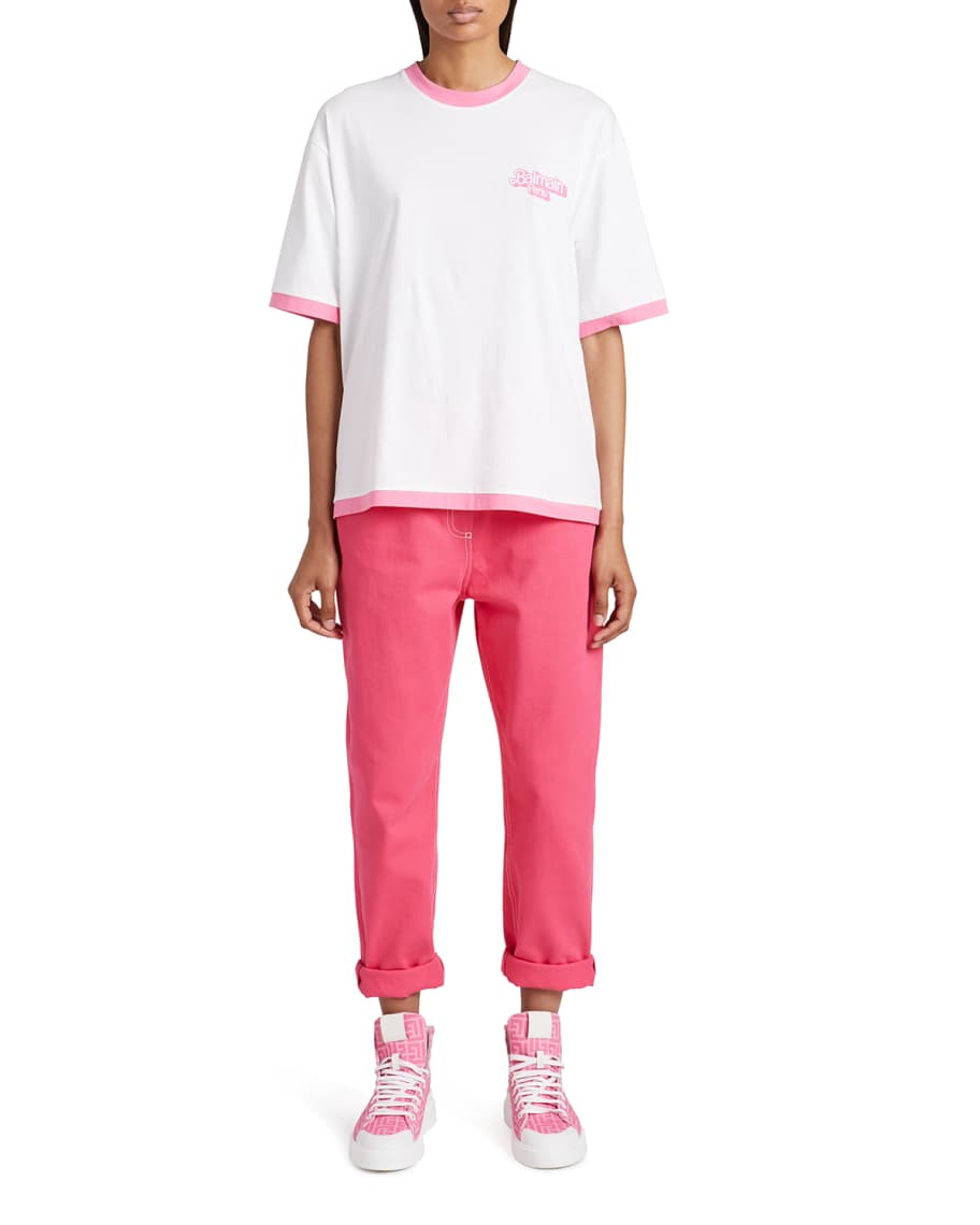 Balmain x Barbie Bicolor Logo-Print Oversized T-Shirt | Neiman Marcus