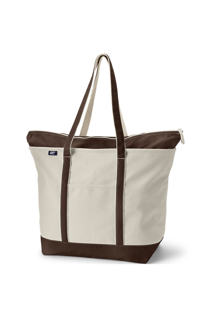 Extra Large 5 Pocket Zip Top Long Handle Canvas Tote Bag - Lands' End - Brown | Lands' End (US)