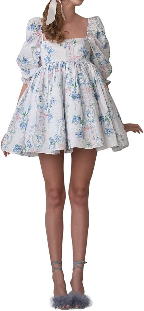 Women Cute Puffy Dress Lantern Bell Sleeve Square Neck Mesh Ruffle Bubble Princess Mini Dress Eve... | Amazon (US)