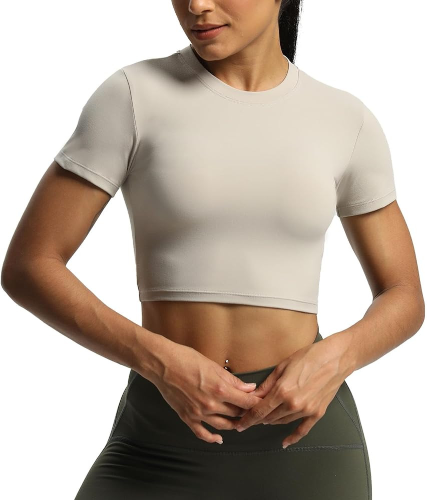 Aoxjox Short Sleeve Crop Tops for Women Classic Longline Workout Crop T Shirt Top | Amazon (US)
