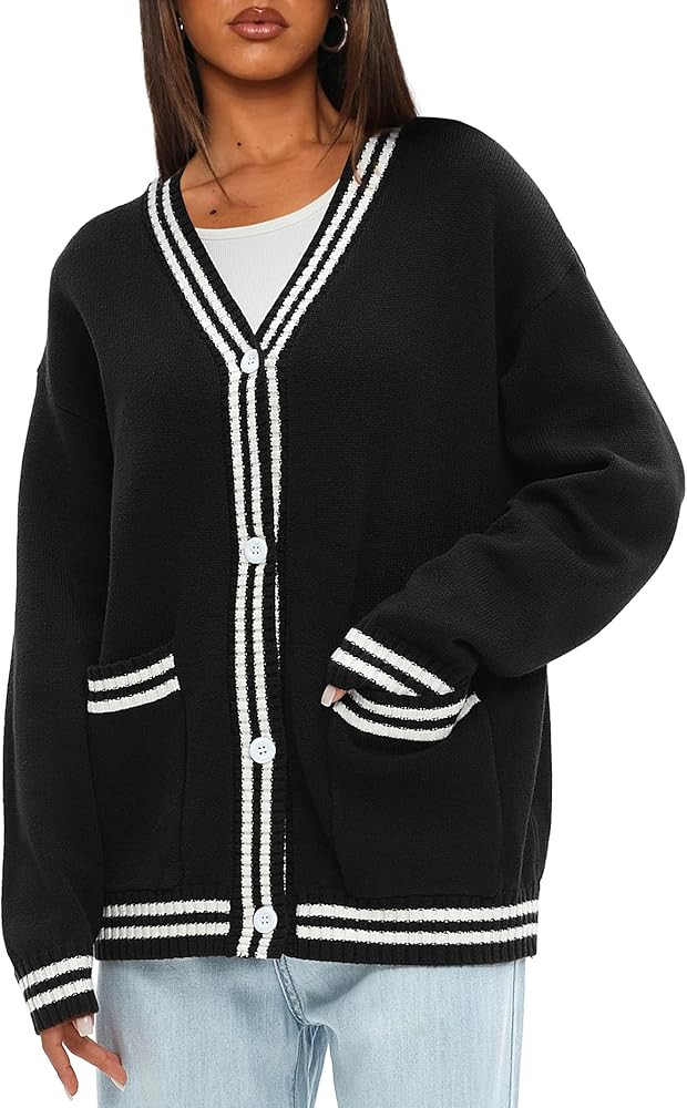 Darong Women Oversized Cardigan Sweaters Knit Button Front Stripes Trim Cardigan Tops Fall Outfit... | Amazon (US)