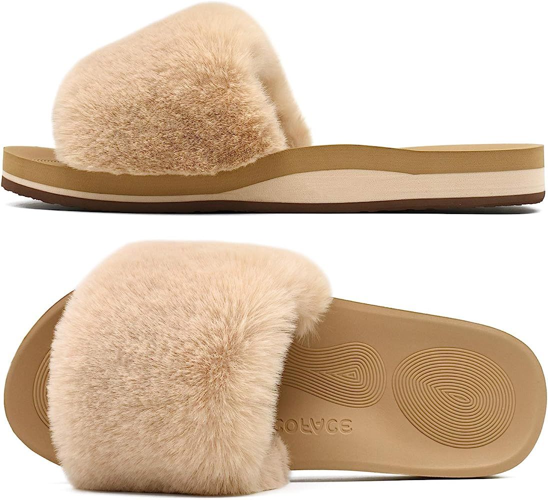 Womens Sliders Plush House Slippers Flat Sandals for Women Memory Foam Fuzzy Open Toe Slippers wi... | Amazon (US)