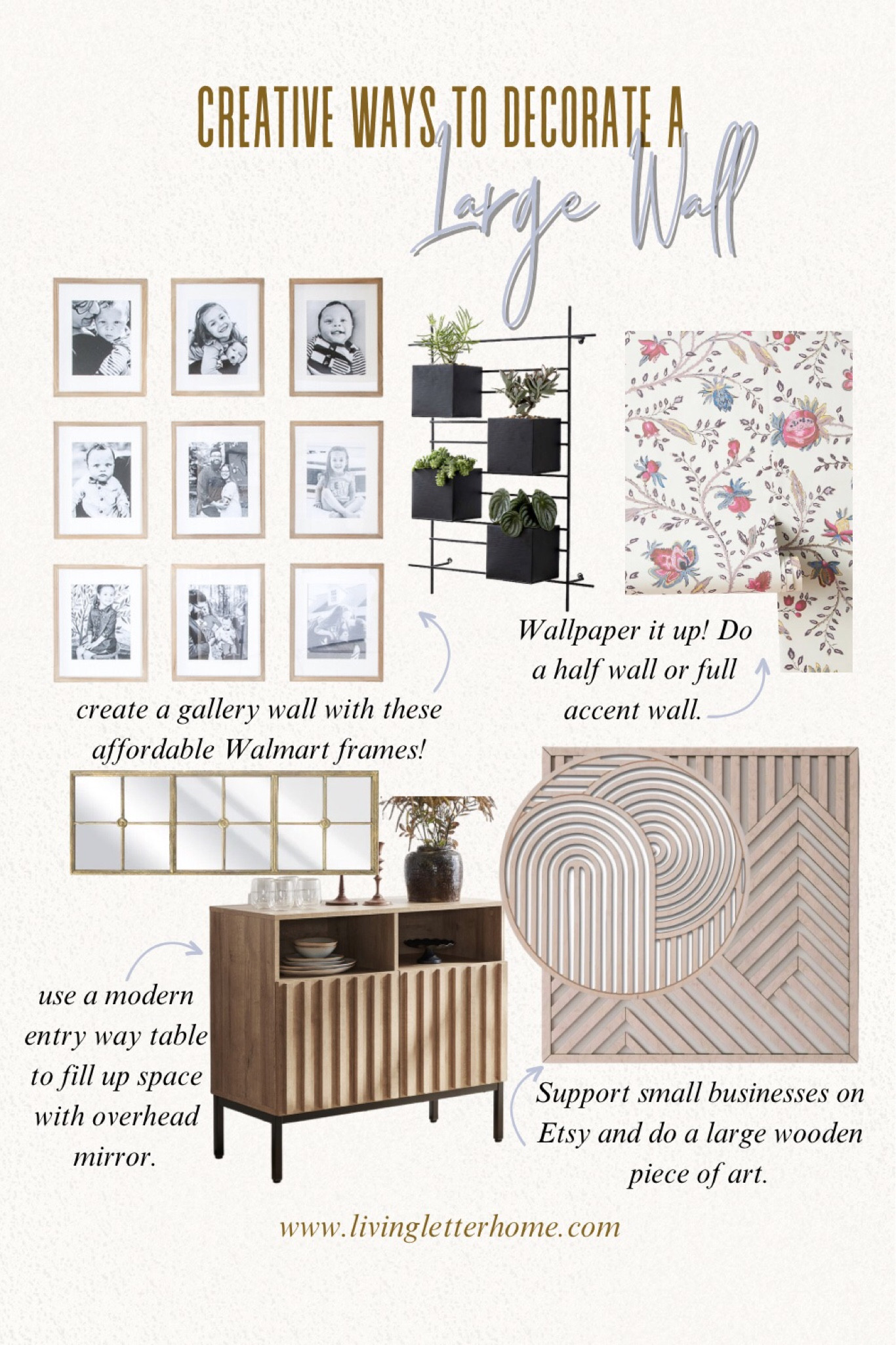 Sharing creative ways to style large wall decor, floral wallpaper, and how we styled our photo gallery wall! If you’ve got a large space you need to fill, try large wall art or an indoor plant wall. These gallery wall frames are from Walmart, can you believe it?! One option is to use an entry console table with a mirror overhead to fill the wall space. Search “wall decor” on my blog for more inspo! 

#LTKhome #LTKstyletip #LTKsalealert