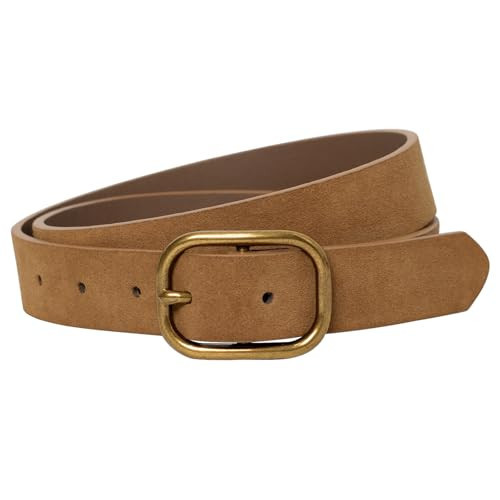 MJNUONE Suede Tan Belt for Women Retro Pin Buckle Genuine Leather Ladies Waist Belt for Jeans Dress (Suede Tan, S) | Amazon (US)