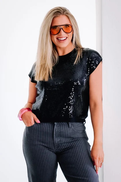 Cool Intentions Black Sequin Short Sleeve Top | The Willow Tree