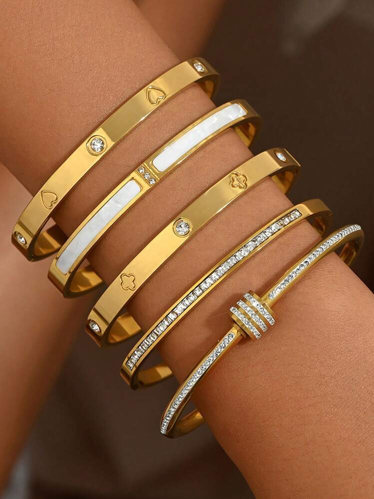 5pcs Golden Bracelet Set Gold Bangles Stainless Steel Nail Bracelet, Inset , Titanium Steel Bracelet, Mirror Polishing, Vacuum Coating, Not Easy To Fade, Fashion Classic Style, Suitable For Daily Wear, Gold Bracelet, Stainless Steel Jewelry, Mother's Day Gift, Teachers' Day Gift, Valentine's Day Gift, Elegant 18K Gold-Plated Stainless Steel Open Sleeve Bracelet, Daily Wear Bracelet Accessories, Stainless Steel Bracelet Men's And Women's Four Seasons Personalized Design Bracelet Jewelry Accessories Gifts, Titanium Steel Gold Bracelet Women's And Girls Fashion Waterproof Jewelry Luxury Shiny Bracelet, Stainless Steel Jewelry, Gold Bracelet, Love Bracelet, Gold Bracelet,Mom,Mother,Mother's Day,Gift | SHEIN