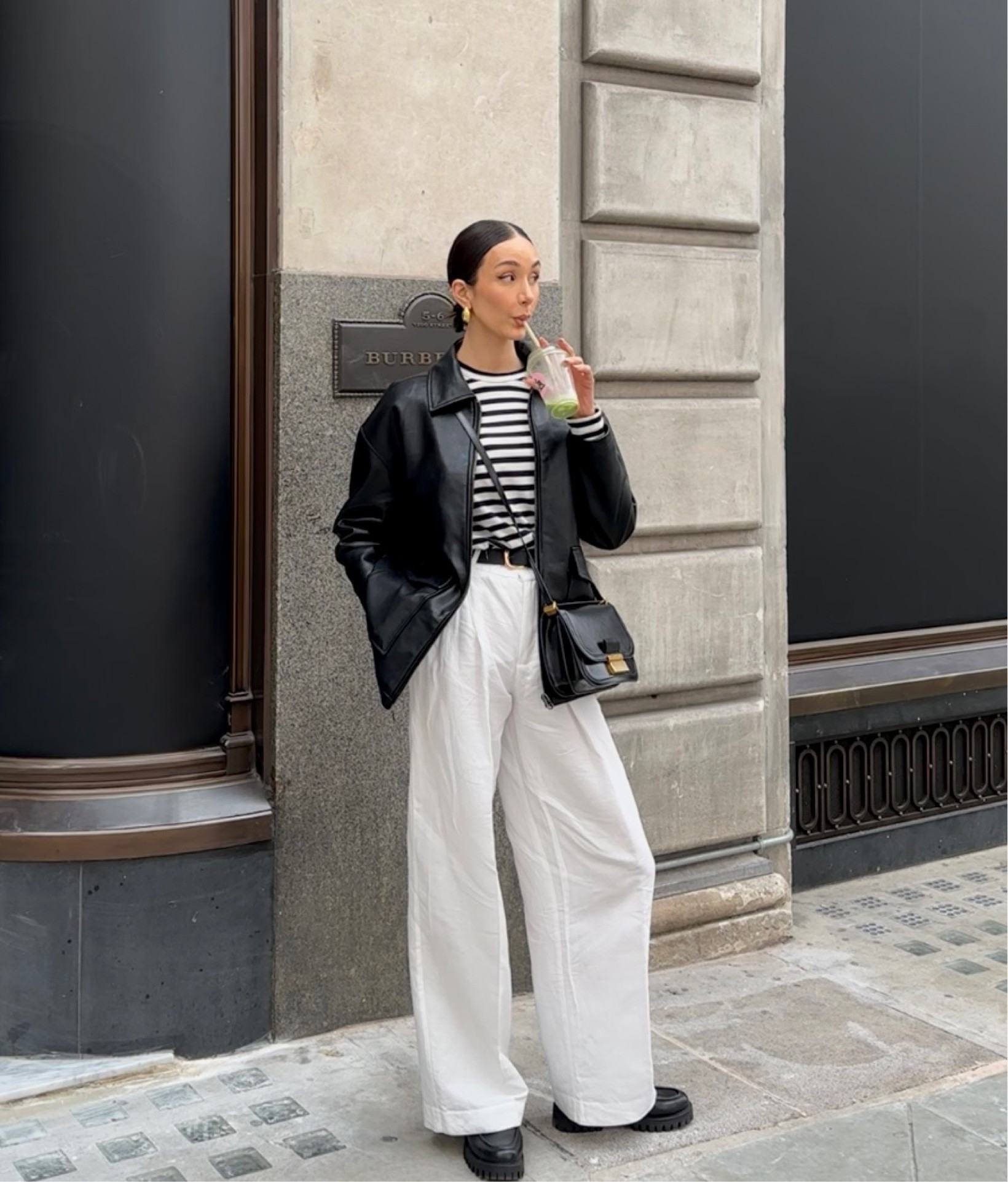 Leather bomber jacket, black jacket, bomber jacket, leather jacket, wide leg trouser, white trousers, wide linen trousers, white linen trousers, white wide leg linen trousers, striped t-shirt, striped long sleeve top, loafers, black loafers, chunky loafers, black chunky loafers, black cross body bag, cross body bag, black bag, coach, jigsaw, urban outfitters, nasty gal, whistles, monochrome outfit, black and white outfit, weekend outfit, spring outfit

#LTKeurope #LTKSeasonal #LTKstyletip