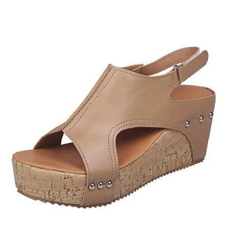 Sandal for Women Summer Casual Womens Open Toe Chunky Heels Wedge Sandals Leather Platform Cork Sand | Walmart (US)