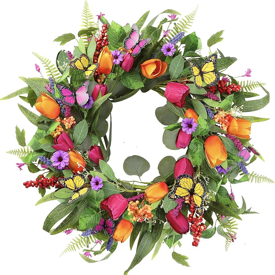 Sggvecsy Spring Summer Wreath for Front Door 22 Inch Artificial Tulips Wreath with Eucalyptus Lea... | Amazon (US)
