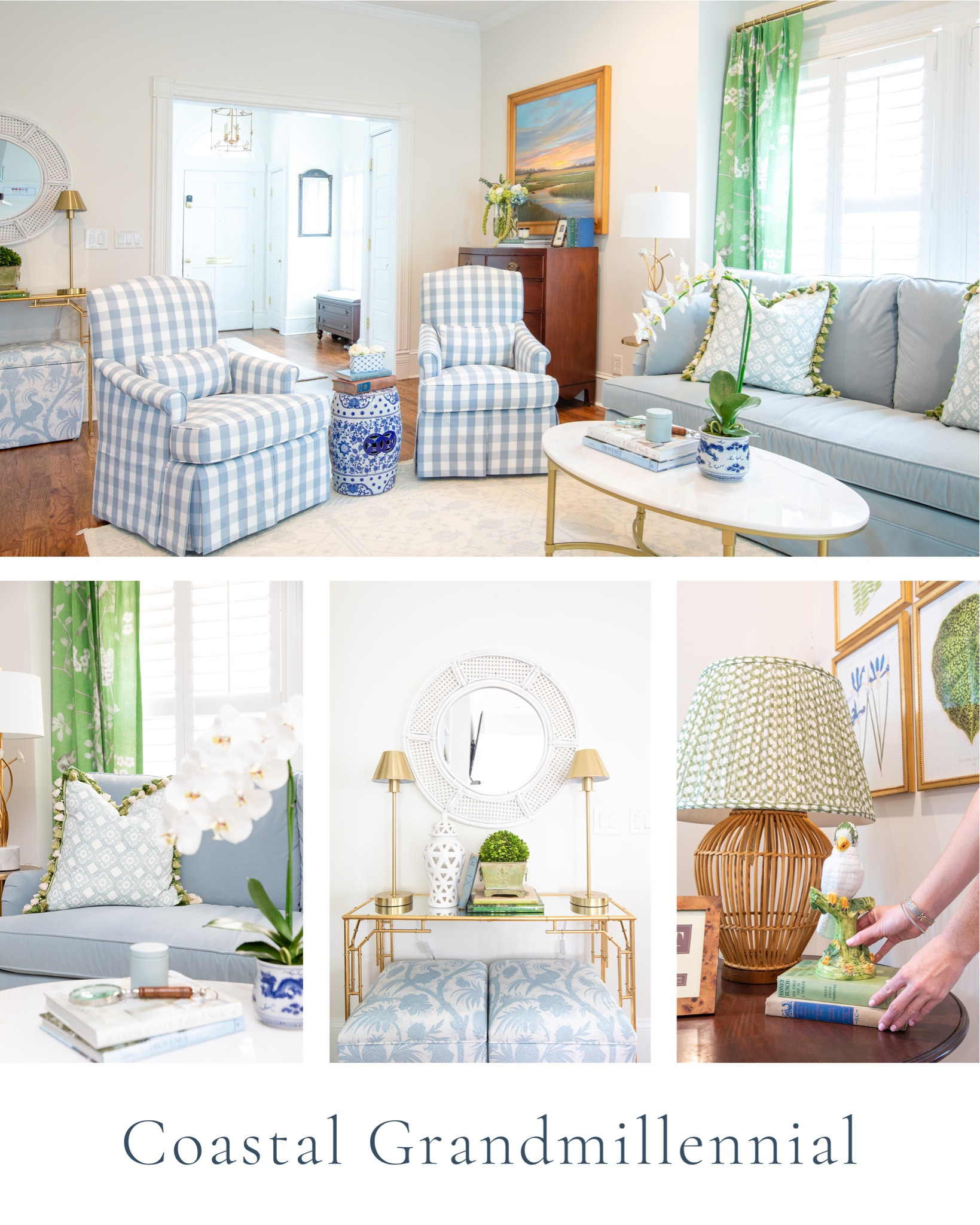 Please note that certain items and sources cannot be linked due to trade restrictions and private sourcing. I also source a lot of items locally at antique shops! However, I’m not one to gatekeep and want to provide everything that I am able to! Below you’ll find links to items used in this project along with similar alternatives for items that cannot be linked directly.

Coastal grand millennial style, living room design, blue and green living room, traditional, Coastal decor, coastal style, Vintage coastal decor, Coastal living room decor, Grandmillennial living room, Blue and white living room, Coastal chic living room, Traditional coastal living room, Traditional coastal blue decor, Coastal rattan furniture, Blue and white striped chairs, blue buffalo check chair, 
Blue velvet couch, Coastal gallery wall, green chinoiserie fabric, chinoiserie pillows, chinoiserie draperies, chinoiserie curtains, chinoiserie art

#LTKstyletip #LTKFind #LTKhome