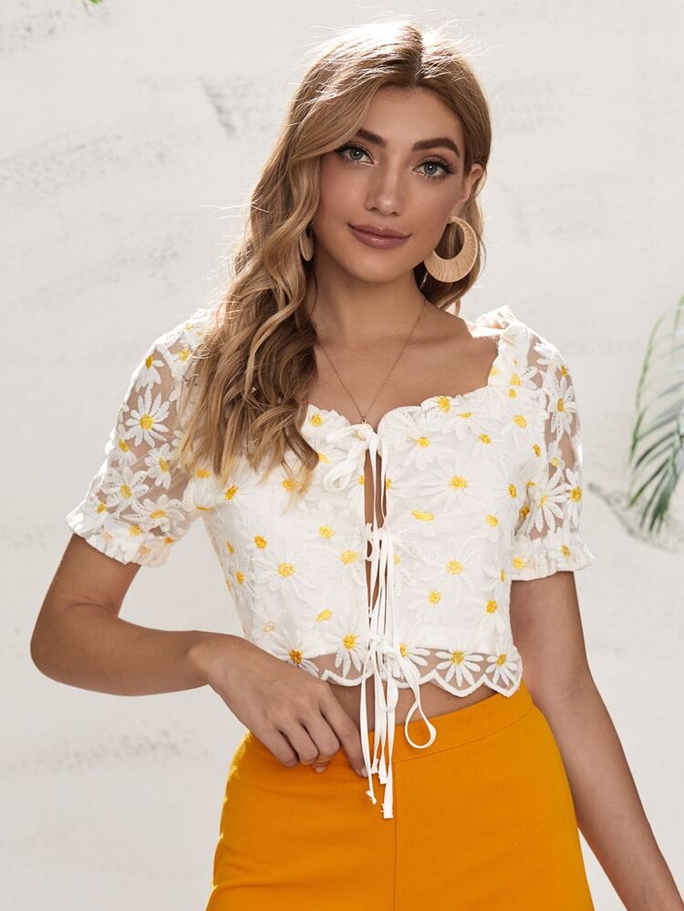Frill Trim Tie Front Daisy Embroidered Mesh Milkmaid Top | SHEIN