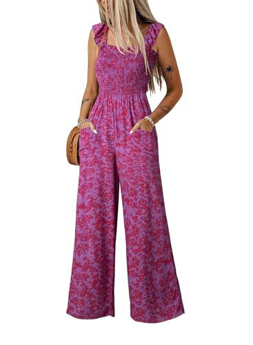 Dokotoo Floral Women's Jumpsuit 2026 Summer One Piece Square Neck Flowy Office Overalls Adjustable Waisted Petite Wide Leg Cruise Outfits Plus Size with Pockets,Rose Medium | Amazon (US)