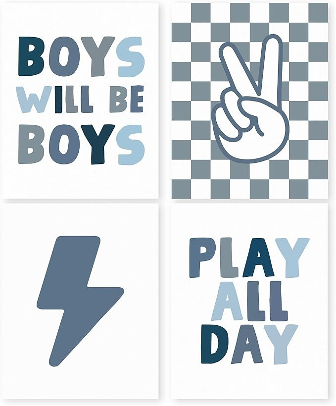 HRQKO Blue Checkered Nursery Decor Prints Set of 4, Room Decor for Boys, Kids Positive Will Be Bo... | Amazon (US)