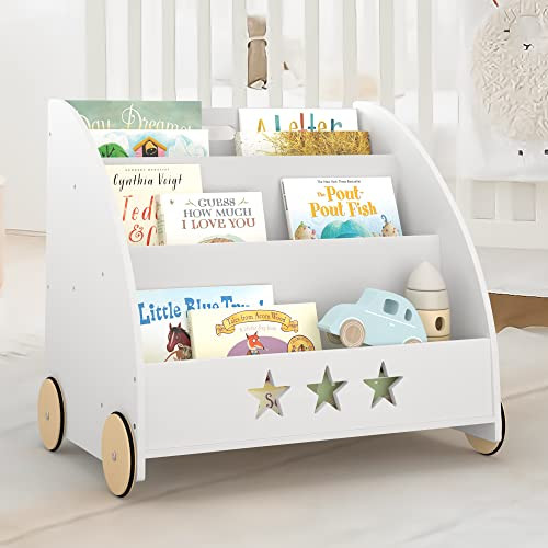 Curipeer Kids Bookshelf Storage Bookcase with Wheels, Large Wood Nursery Organizer Bookshelf for ... | Amazon (US)