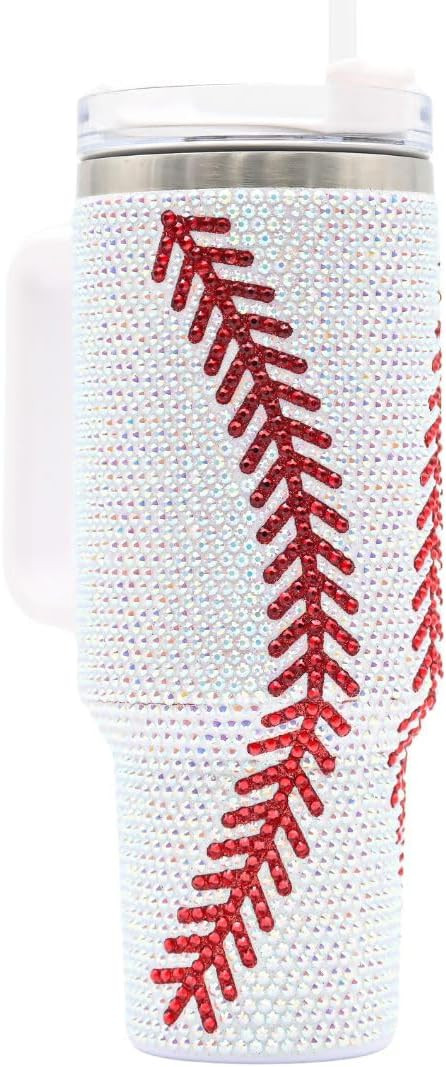 40 Oz Rhinestone Bling Tumbler Cup with Handle and Straw (BASEBALL), Stainless Steel and Double W... | Amazon (US)