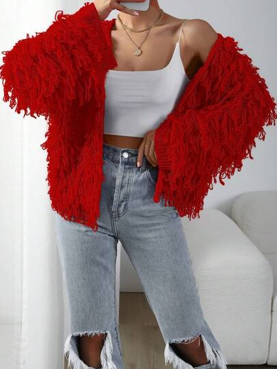 Shein Clasi Solid Fringe Sweater | SHEIN