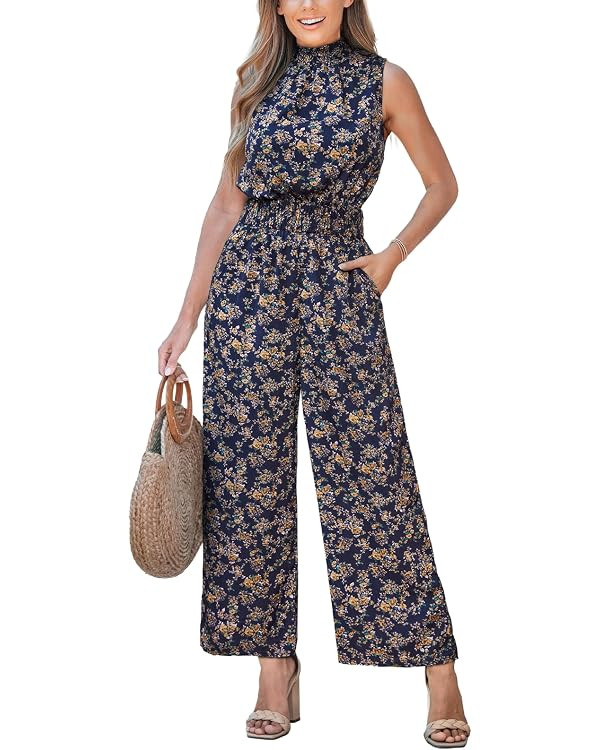CUPSHE Women Floral Summer Maxi Jumpsuit with Pocket Mock Neck Elastic Waist Wide Leg Business We... | Amazon (US)