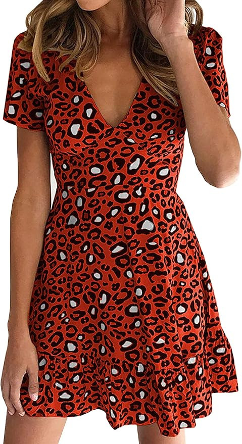ECOWISH Womens Deep V Neck Floral Leopard Dress Short Sleeve Sexy Ruffles Fashion Mini Dress | Amazon (US)