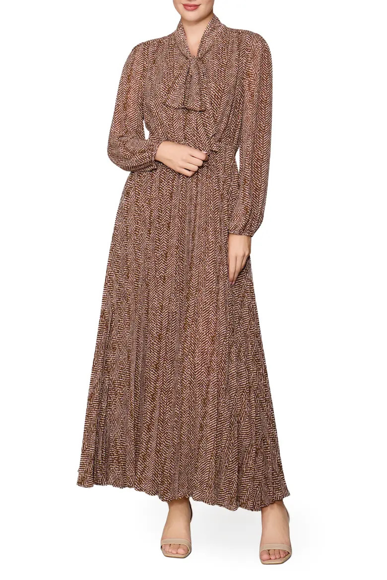 MELLODAY Pleated Long Sleeve Maxi Dress in Brown Geo at Nordstrom, Size Large | Nordstrom