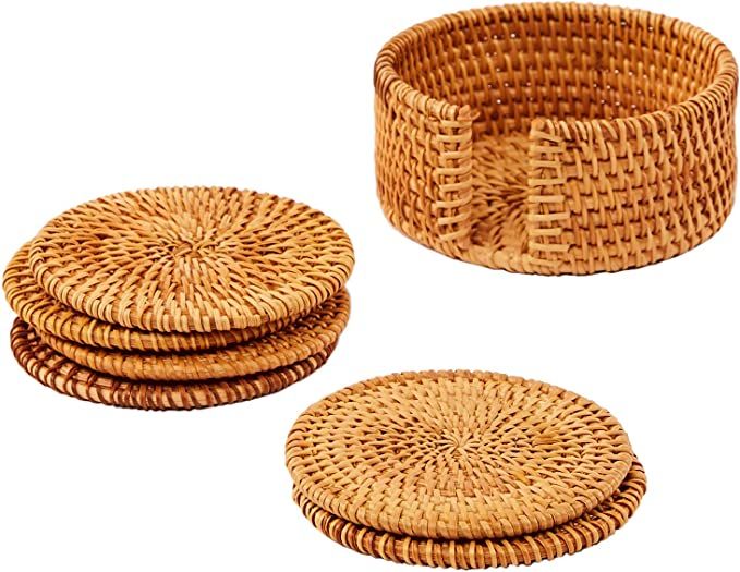 Amazon.com: Artera Handmade Natural Rattan Coasters - Round Straw Woven Trivet for Teacup, Wicker... | Amazon (US)